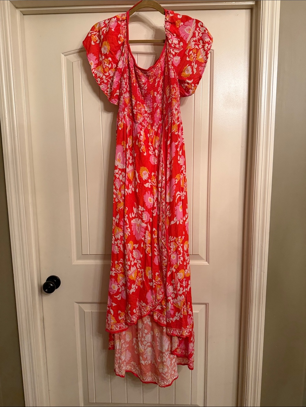 Flying Tomato Red Floral High-Low Dress with Pink and Yellow Accents